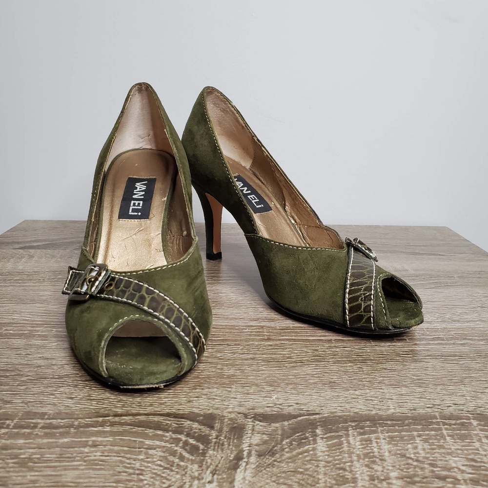VAN ELI • Polly Green Suede Peep Toe Pumps Heels Sz 9 - Picture 10 of 10
